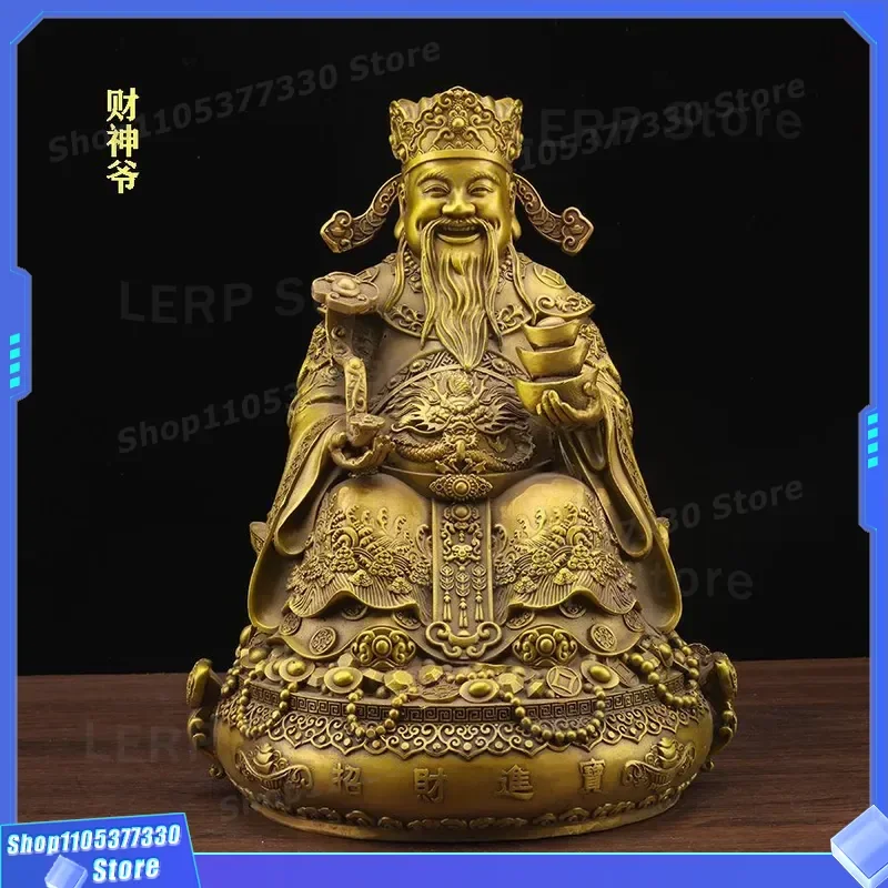 Pure Copper God of Wealth Statue Brass Fan Li Sitting Figure with Ingot Ruyi Cornucopia Bronze Feng Shui Home Office Decor