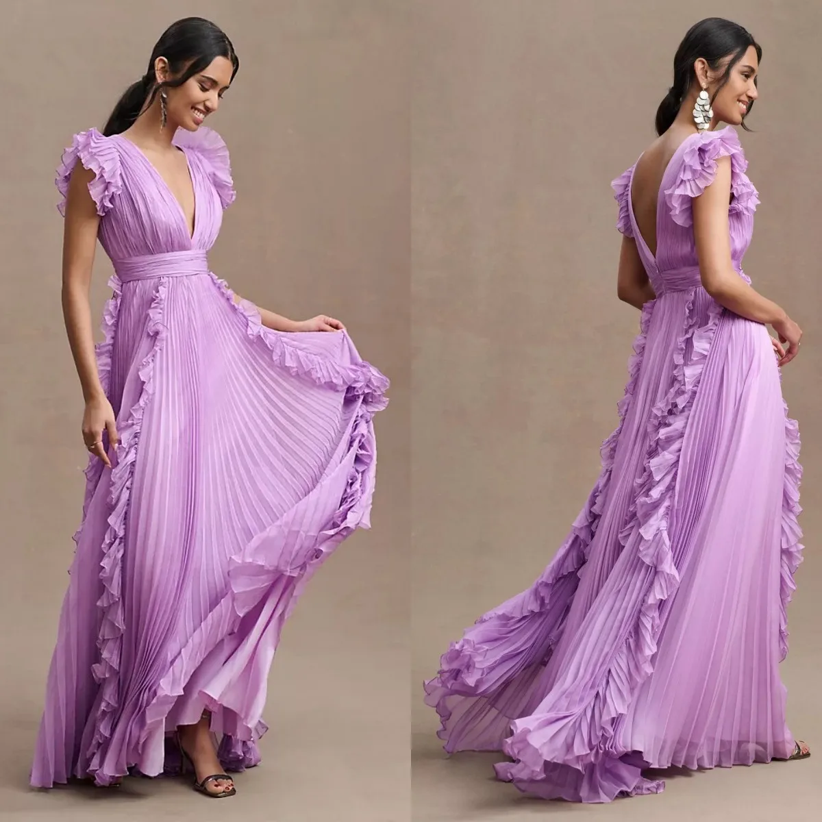 

Pleated Flutter Sleeve Prom Dresses Deep V Neck Evening Gown Flowy Party Dress Floor Length robes de soirée 2023