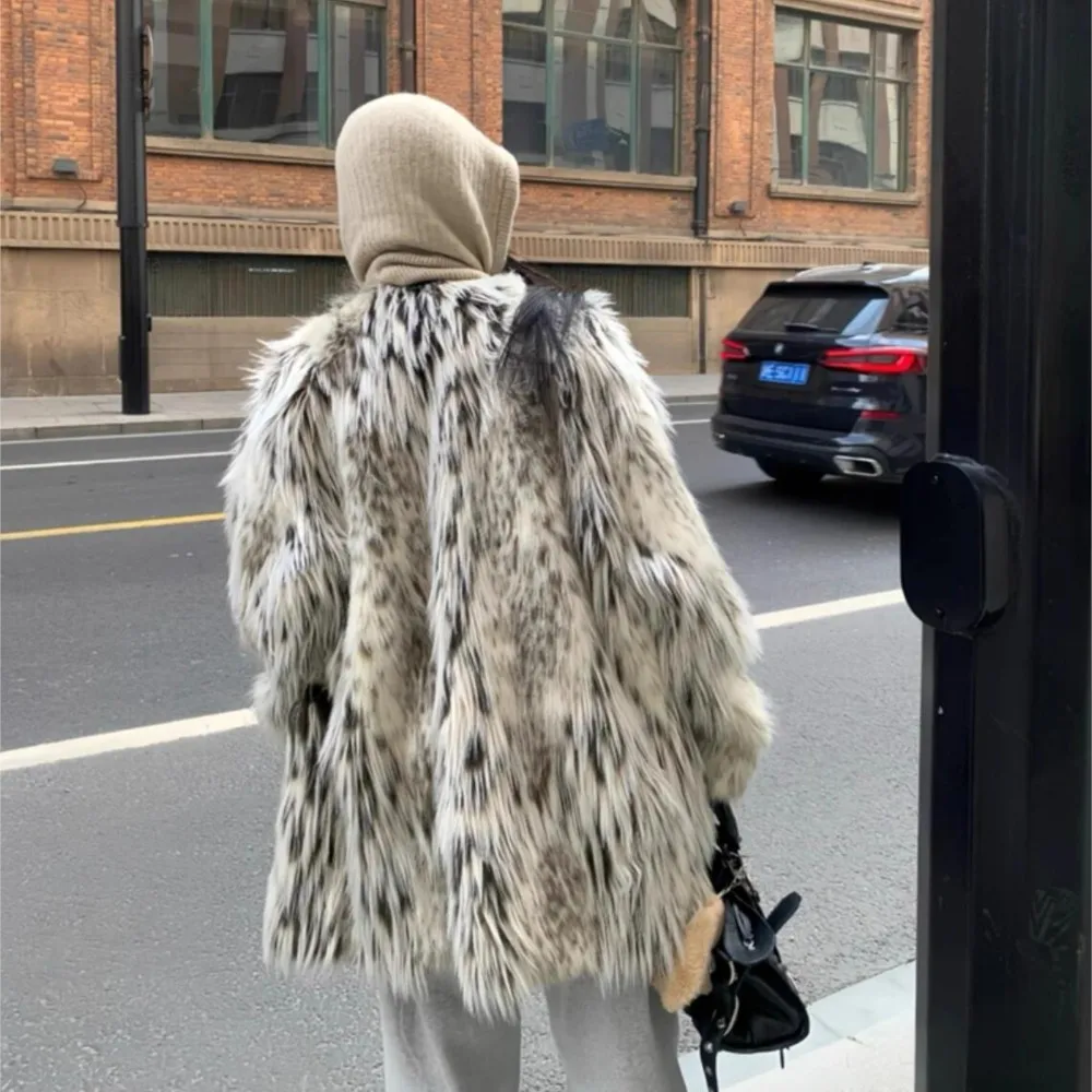 الشتاء التدرج ليوبارد طويل شعر أشعث فو الفراء معطف طويل الأكمام فروي المرأة سترة دافئة ميدي معطف ملابس خارجية فضفاضة