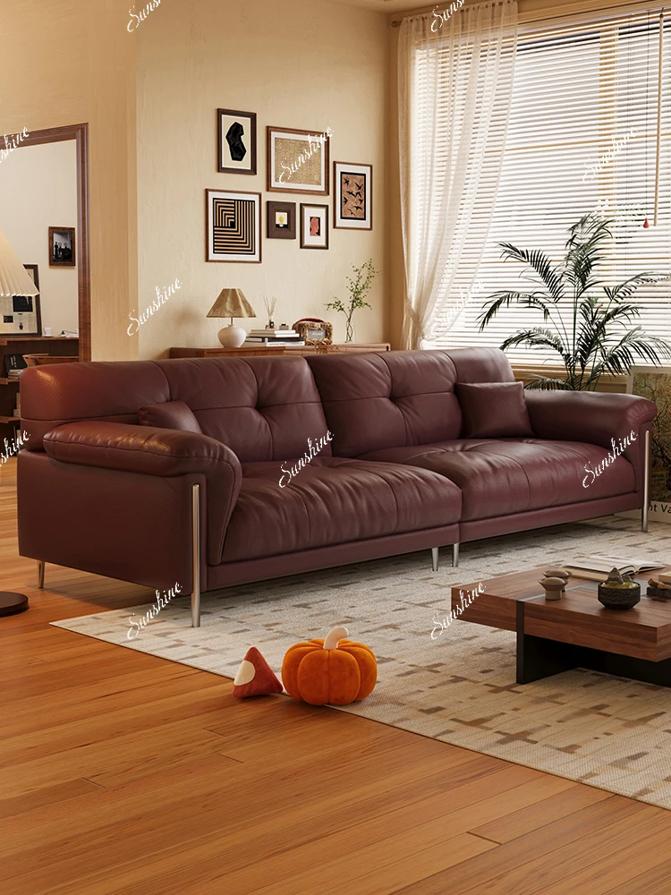 Mid-century small apartment sofa living room Italian light luxury top layer cowhide high feet