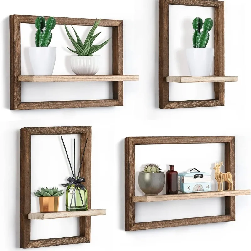 Wooden Wall Shelf  Creative Square Photo Frame Display Home Decor Storage Organizer for Living Room & Bedroom (Wall Mounted)