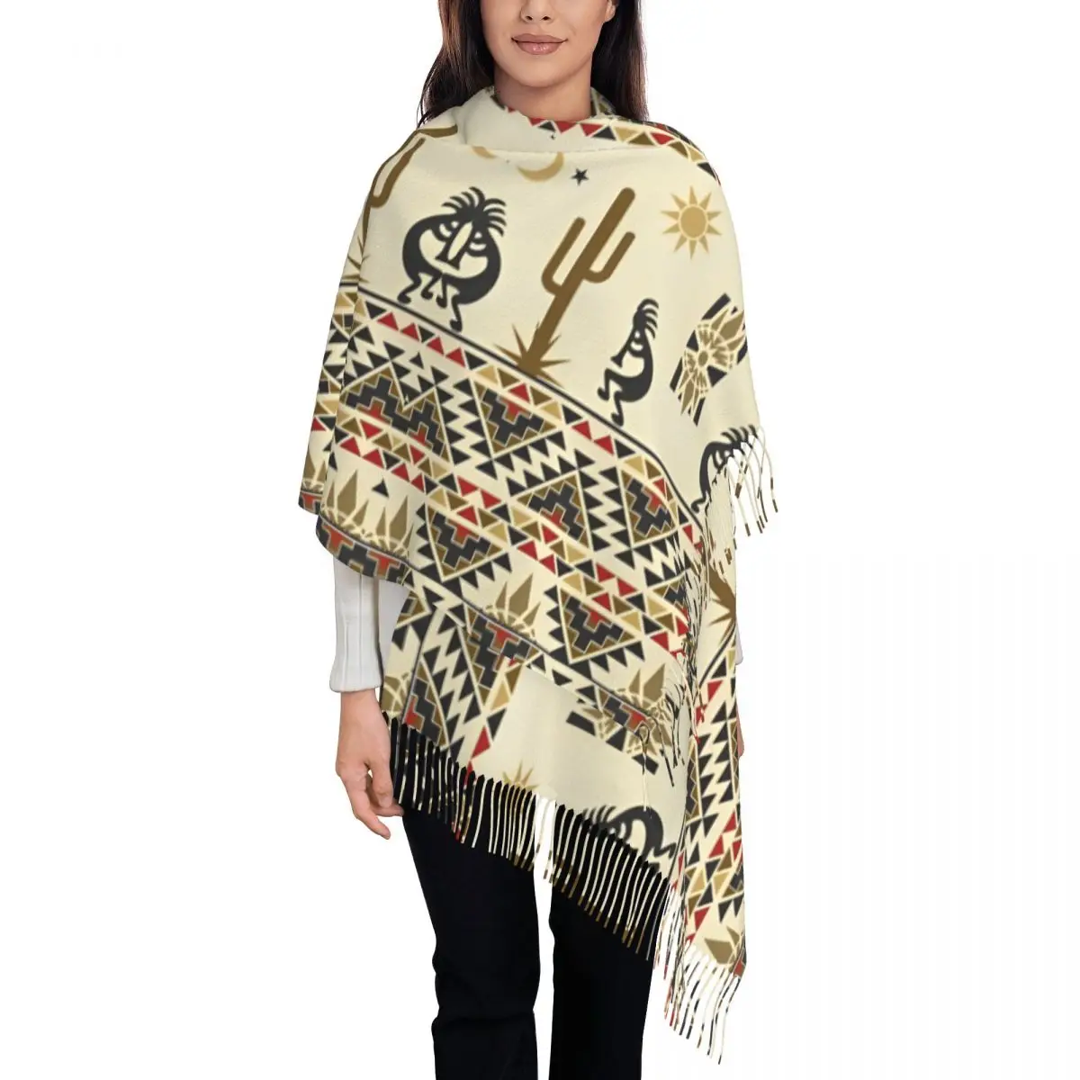 Southwestern Kokopelli Aztec Design Shawl Wraps for Women Winter Large Soft Scarf African Tribal Neckerchief Tassel Scarves