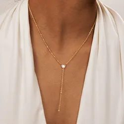 Women Long Necklace with Heart Shaped Zircon Tassel,Stainless Steel Flat Cross Chain,Tassel Adjustable Fashion Sweater Chain