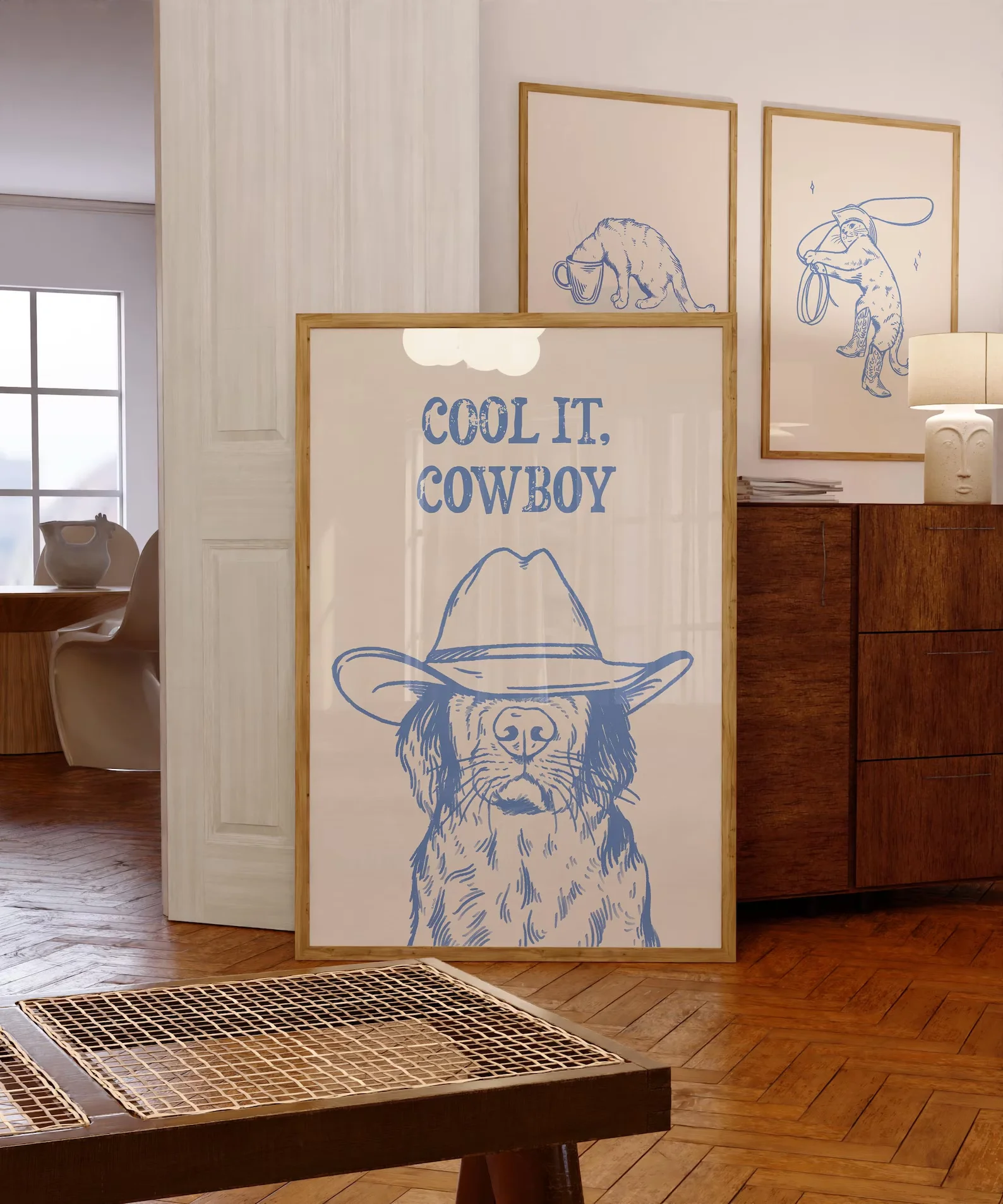 cool it cowboy art print retro print vintage art blue wall art dog western dog print trendy decor digital download