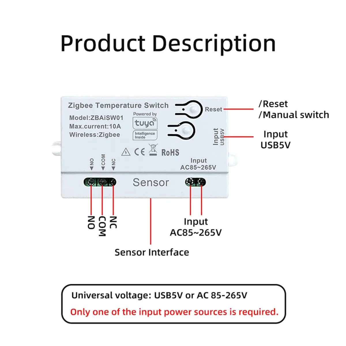 A49T Tuya Zigbee Temperature Switch Sensor AC85-265V/USB5V APP Remote Control Smart Timing Smart Switch 1M