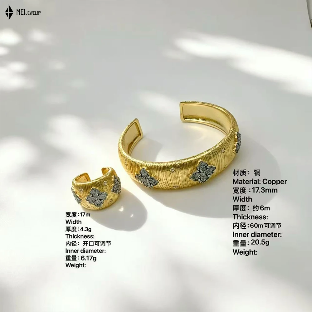 Luxury Jewelry Brushed Flower Bangle Ring Set Cubic Zirconia Accents Adjustable Open Desig