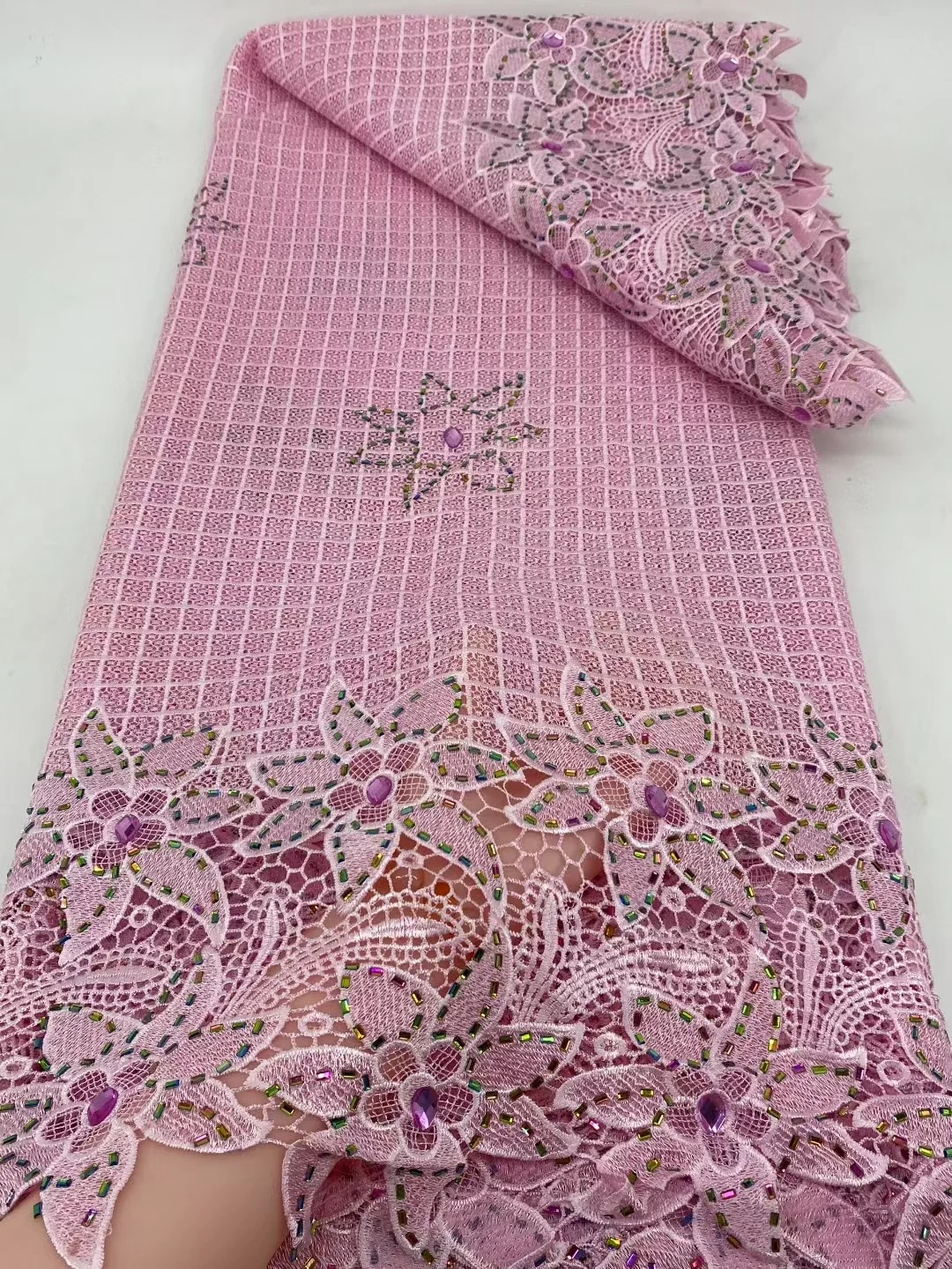

Nigerian Guipure Cord Lace Fabric For Party Wedding Dress 2025 High Quality African Stoned Lace Fabric Sewing