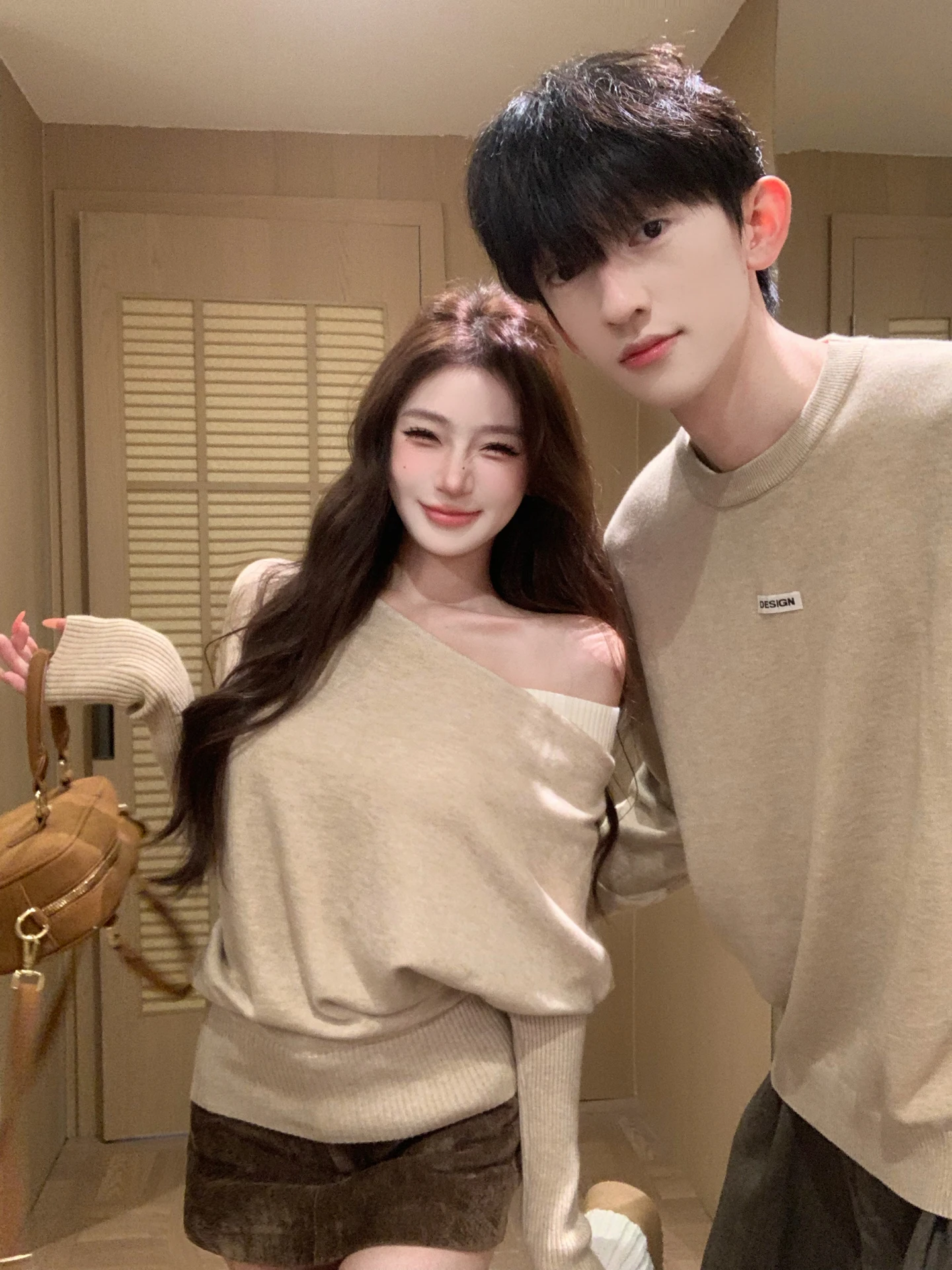 Slimming Soft Knitted Sweater Couple Matching Oats Color Asymmetrical Shoulder Waist-Cinching Casual French Style Long Sleeve...
