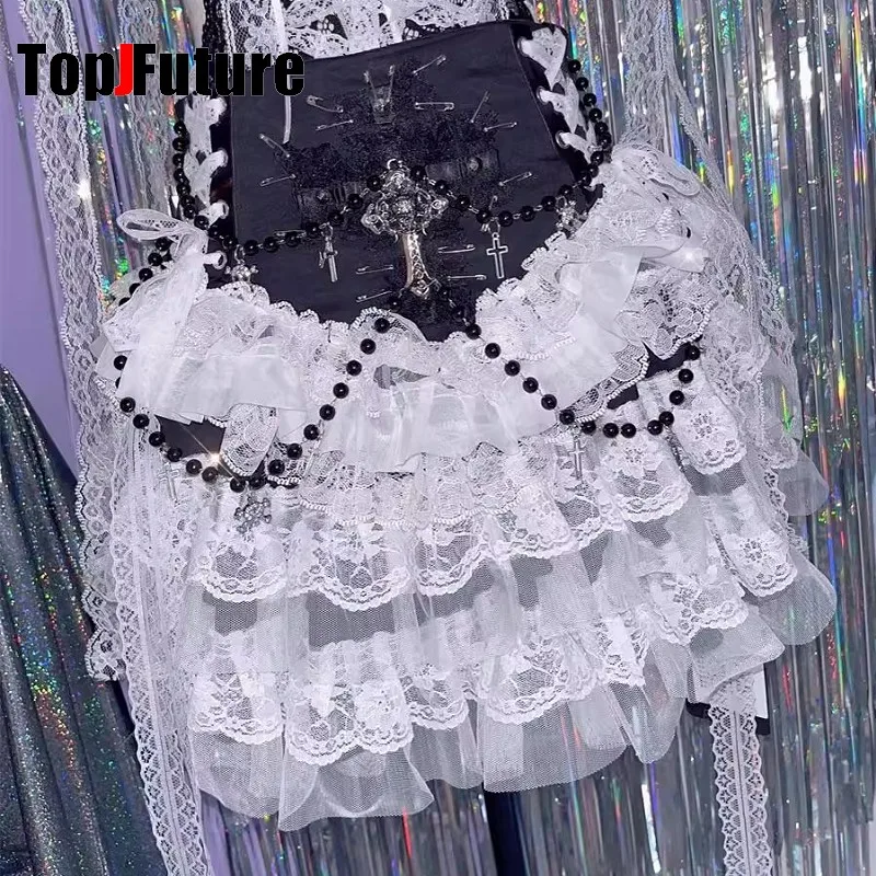 Steampunk Gothic Lolita Women Pin Cross Bead Chain Skirt Harajuku Y2K spicy girl Black and white Cake Lace Workwear Short skirt