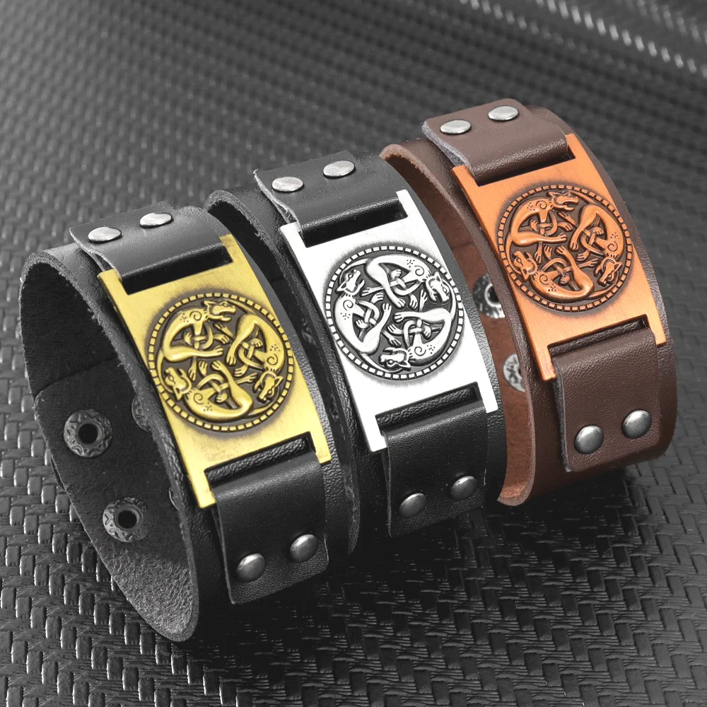 Trend Vintage Viking Rune Celtic Cat Bracelet Charming Men's Leather Bracelet Fashion Hip Hop Punk Jewelry Accessories Rock Part