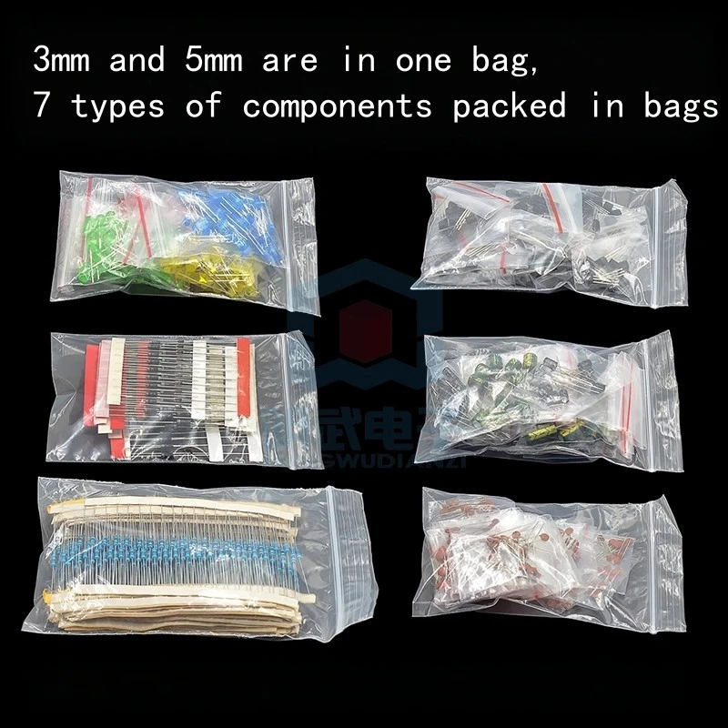 7-component kit: resistor pack, electrolytic capacitor pack, LED light-emitting diode pack, transistor pack, ceramic capacitor