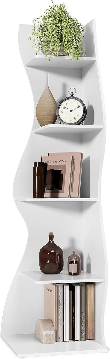 

70-Inch Corner Etagere, Seaweed-Shaped 5-Tier Bookshelf, White, Freestanding Display Shelf for Small Spaces – Living Room