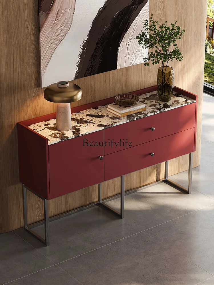 

5Modern light luxury entrance cabinet household living room Italian marble countertop high-end baking paint