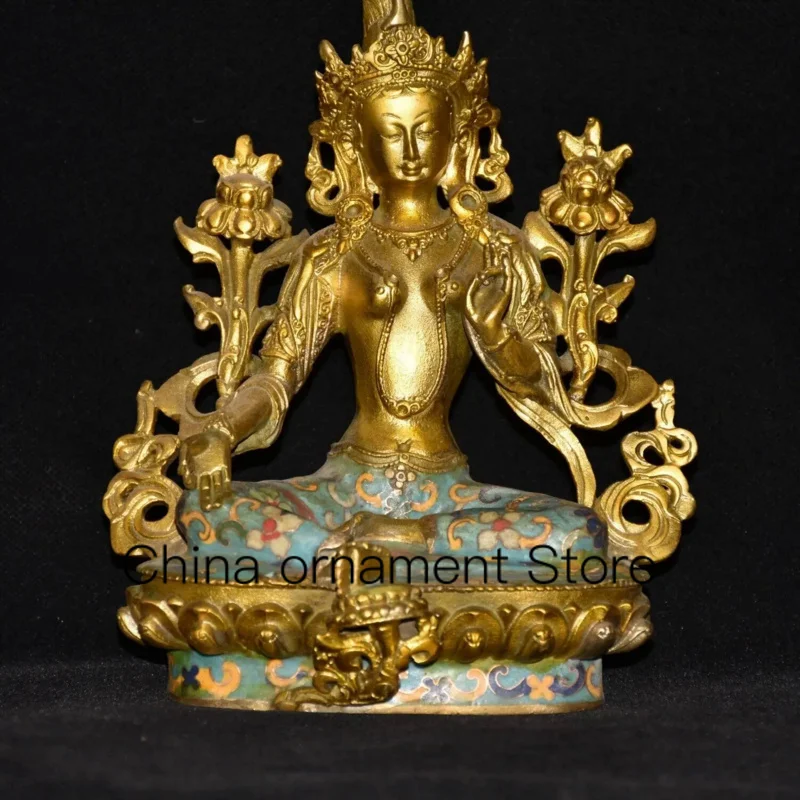 8″ Exquisite copper Cloisonne enamel green tara bodhisattva gilt buddha statue