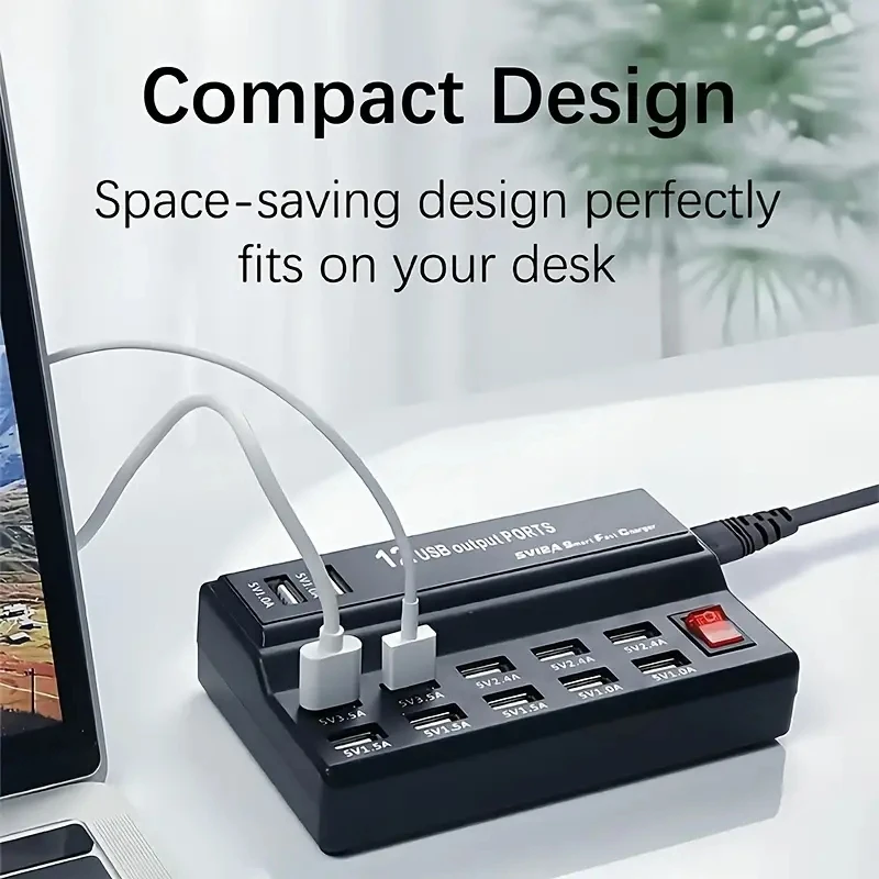 USB Charger 12-Port USB Charging Station for Multi Devices 60W USB Hub Adapter for iPhone Samsung Xiaomi Huawei Extension Socket