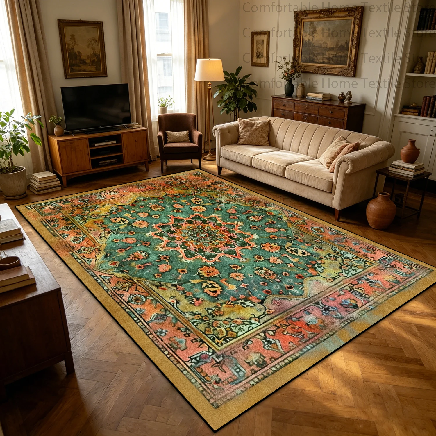 American Style Retro Persian Distressed Entrance Door Carpet Machine Washable Living Room Rug Soft Easy Clean Dining Room Mat