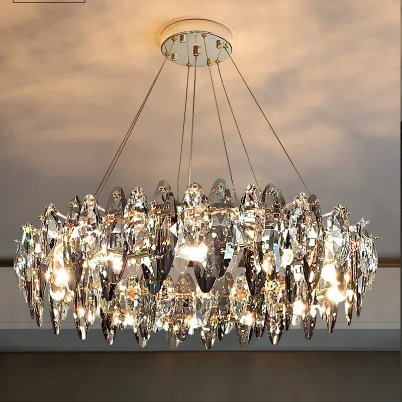 Modern Round Clear Crystal Chandelier Light Luxury LED Lamp Living Dining Room Indoor Fixtures Chandeliers Pendant Light