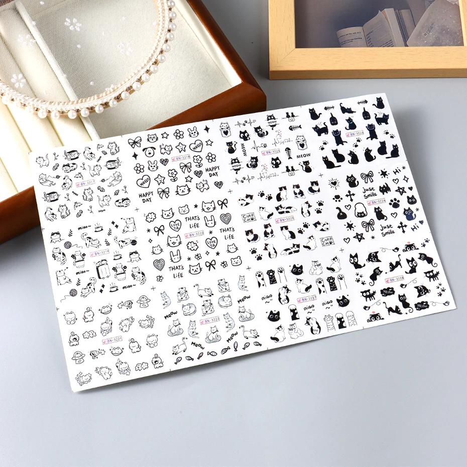 12 قطعة ملصقات الكرتون لطيف القط للأظافر نجمة زهرة القوس مسمار الشارات المياه المتزلجون الكورية اليابانية مسمار الفن مانيكير الديكور