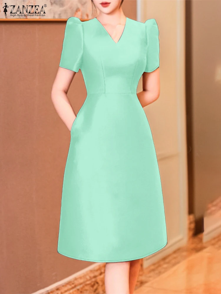 

ZANZEA Women Elegant Satin Party Dresses Fashion Short Puff Sleeve V-Neck High Waisted A-line Robes Femme Glossy Midi Vestidos