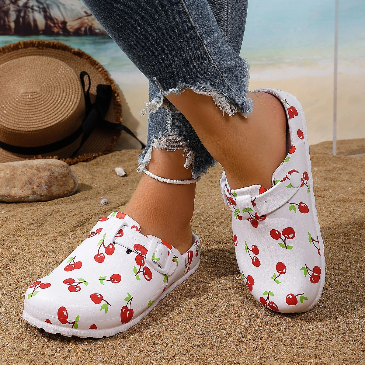 Damen-Slip-On-Sandalen mit Kirschmuster, bequem, langlebig, mit doppelter Schnalle, verstellbar, leicht, tragbar, für Reisen, Urlaub, Straße – Detail 1