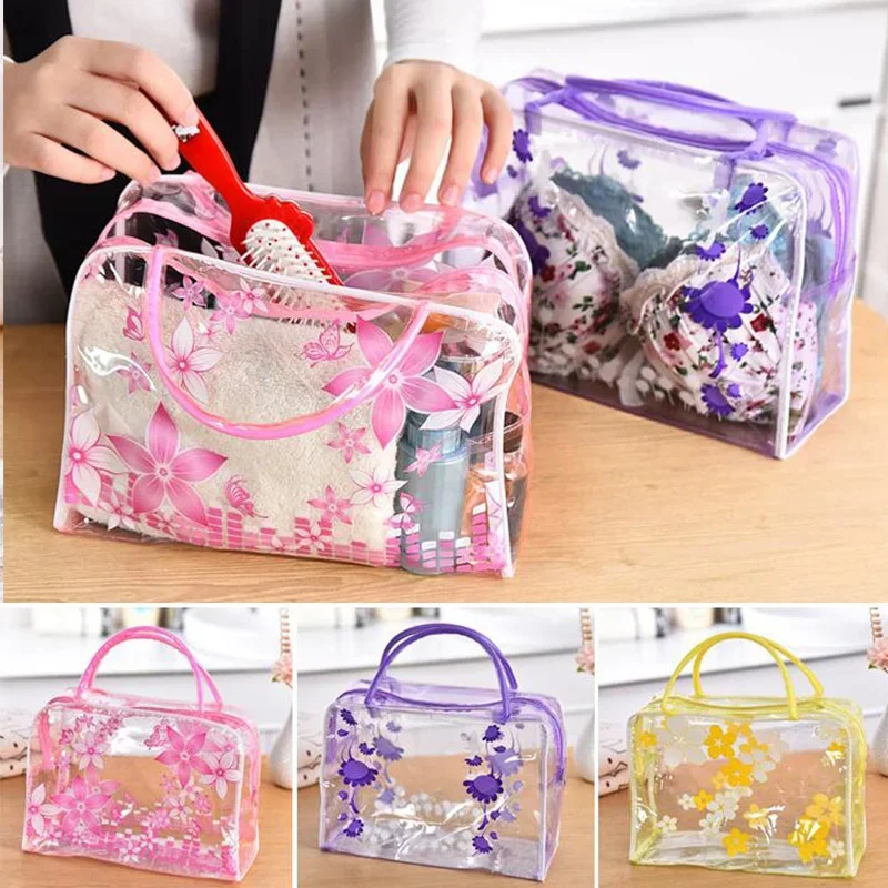 Portable Transparent PVC Makeup Bags Women\'s Floral Waterproof Cosmetic Bag Travel Washing Toiletry Shower Storage Bag Pouches