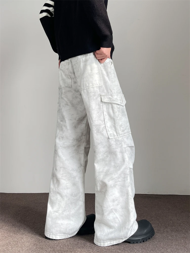 American Retro Tie Dye Workwear Pants Men's Autumn Winter High Street Wide Leg Paratrooper Casual Trousers with Pleats And Dirt