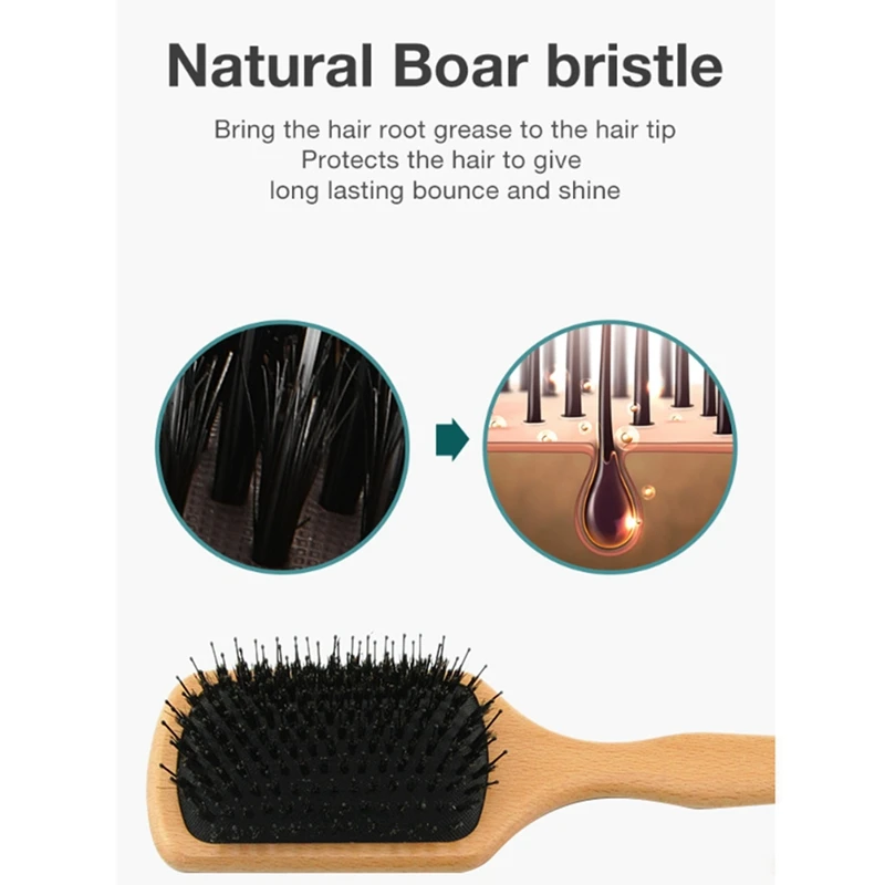 Boar Bristle Hair Brush Beech Wooden Design Comb Gasbag Massage Hair Brush For Dry Wet Hair Detangler Women