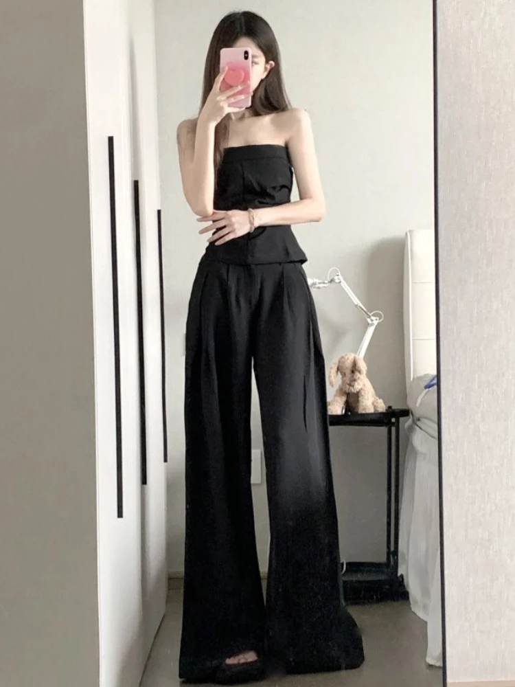 Women Sets American Hot Girls Fashion Slim Solid Black Tube Tops Off Shoulders Casual Long Wide Leg Trousers Summer Street Chic