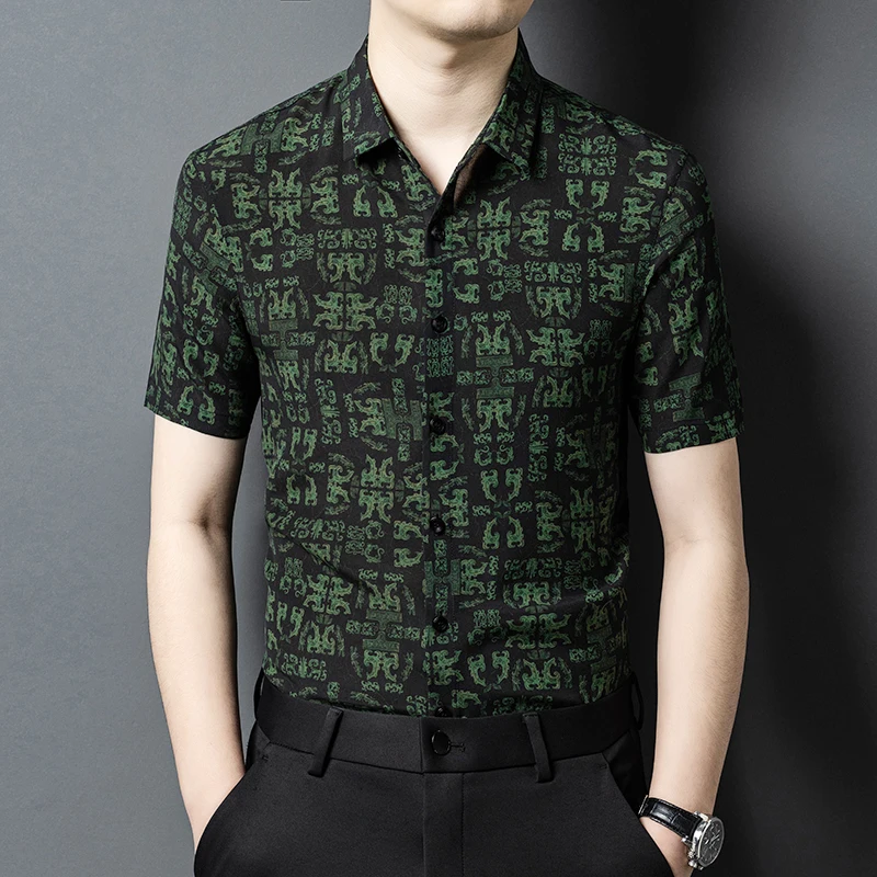 

Gambiered Canton Gauze Green Shirts For Men Short Sleeve Coolness Summer Quality 100% Silk Lightweight Premium Camisas De Hombre