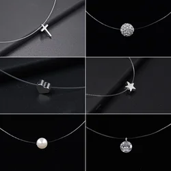 Fashion Transparent Fishing Line Necklace Silver Plated Invisible Chain Women Rhinestone Choker Necklaces Collier Femme 2024