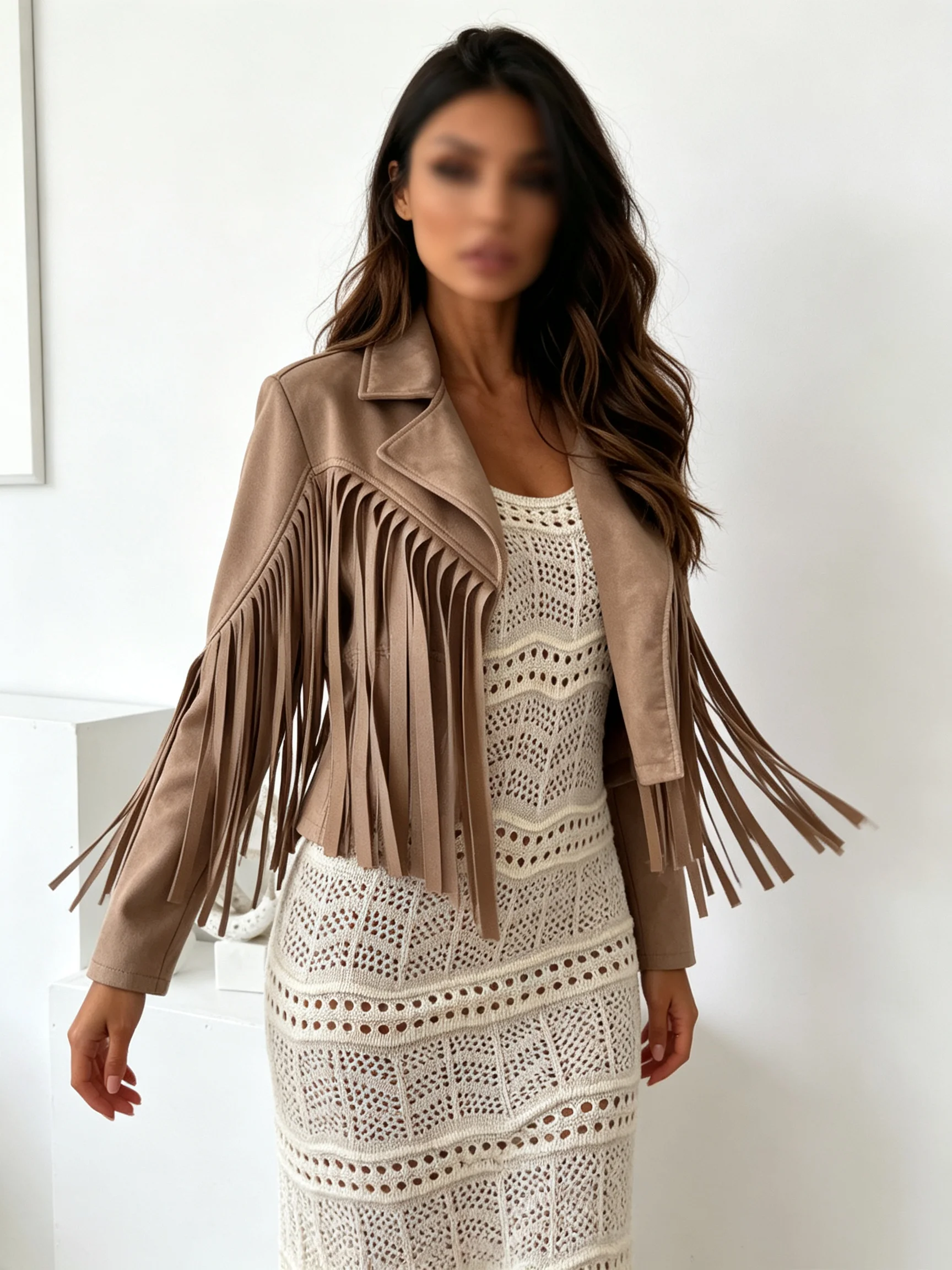 New Autumn Womens Tassel Fringe Cropped Jacket, Western Gothic Lapel Long Sleeve Outerwear, Roupas Femininas Fashion Casual Coat