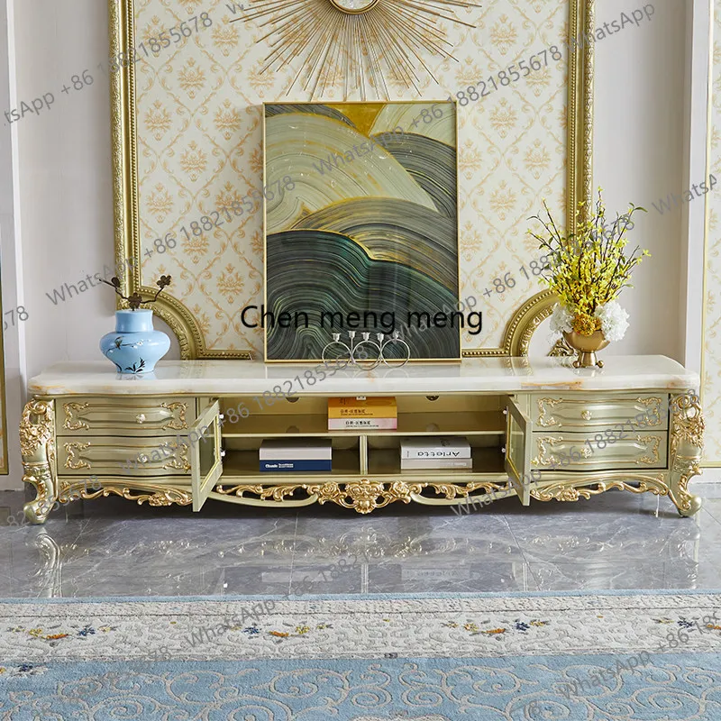 

European marble TV cabinet set living room large full solid wood carving flower floor cabinet coffee table