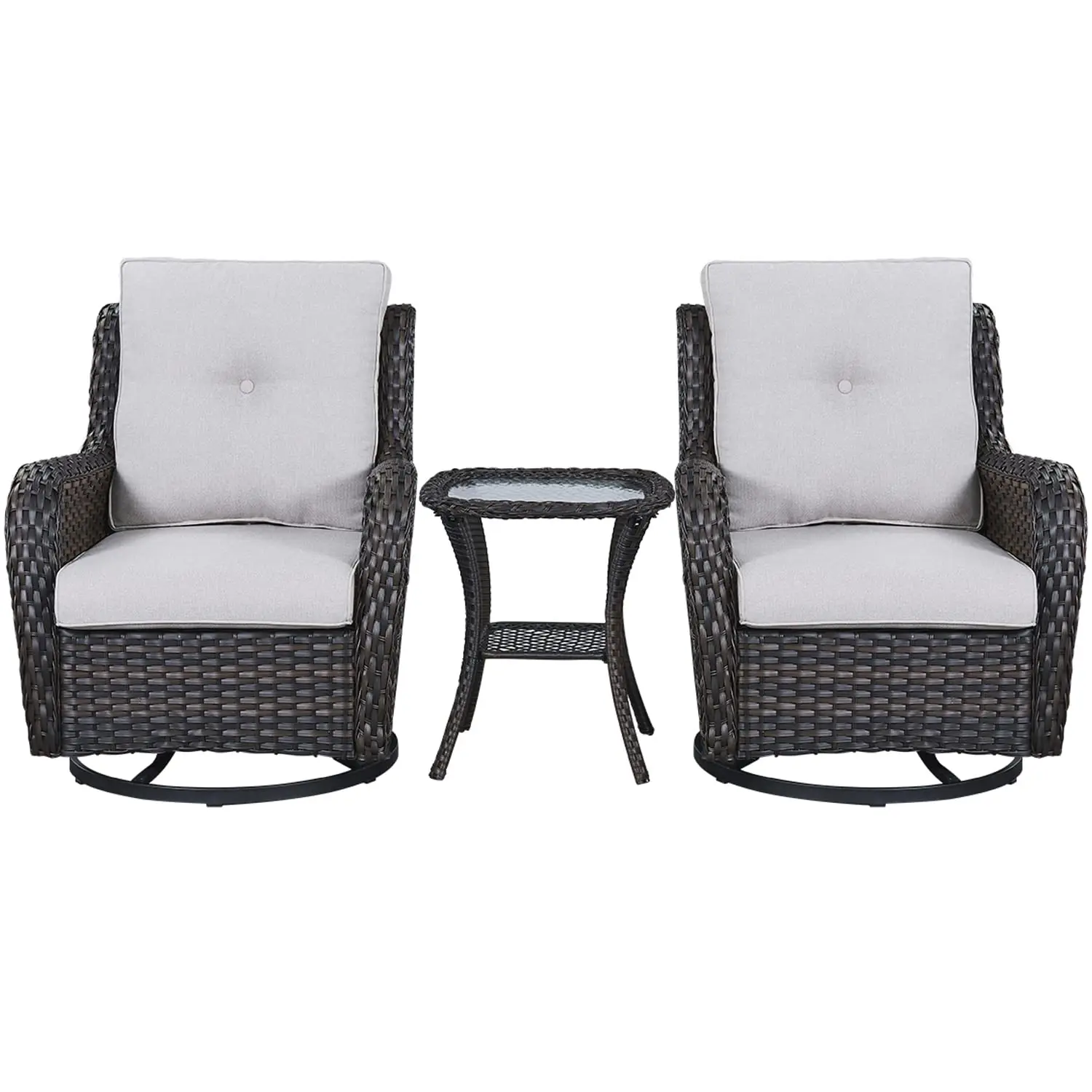 

Wicker Rocking Chair Swivel Chairs - 3 Piece Rocker Patio Furniture Set Rattan Rocking Bistro Sets with Glass Top Side Table for