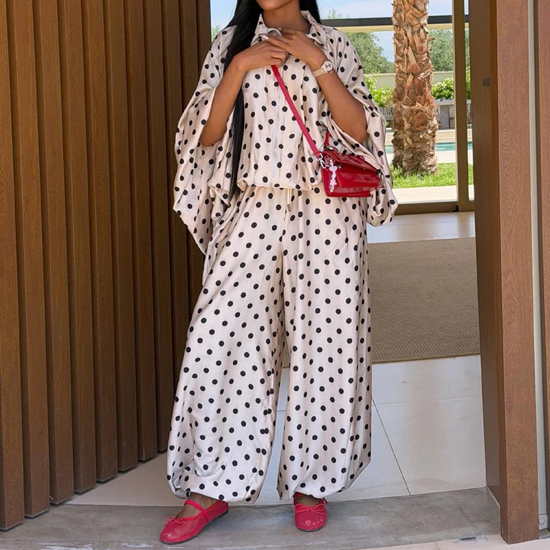 Fashion Loose Women Commute Outfits Autumn New Elegant Vacation Suits High Street Polka Dot Printed Long Sleeve Coat&Pants Sets