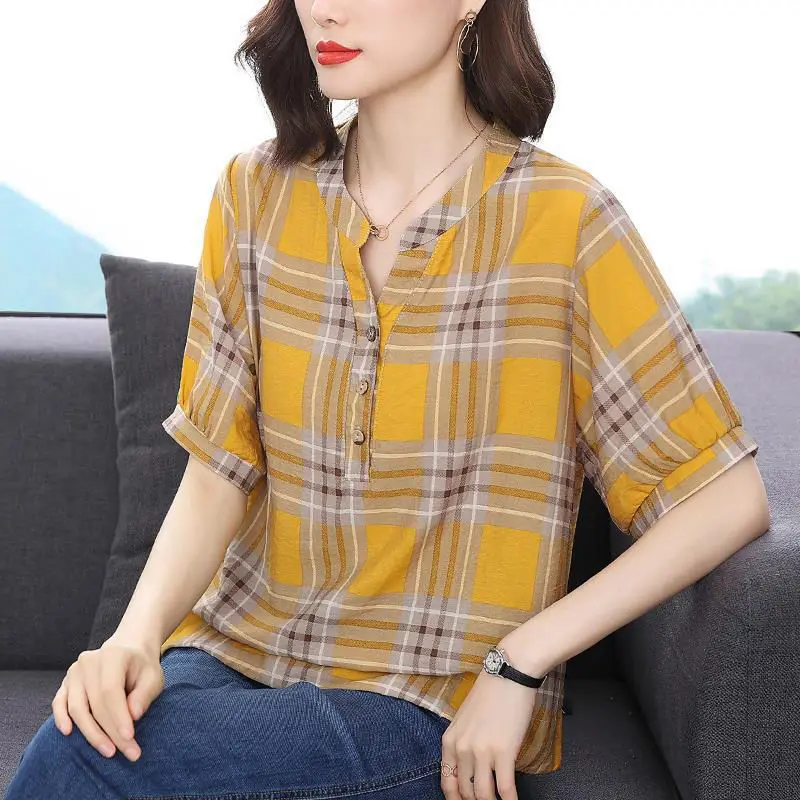 Women\'s Clothing Plaid Print Simple Casual Blouse Summer Fashion V Neck Short Sleeve Loose Shirt Cotton Comfortable Pullover Top