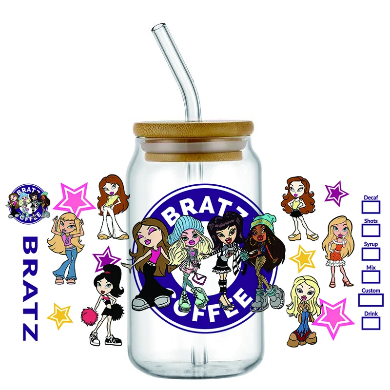 Miniso bratz pattern 16oz uv dtf transfer sticker Libbey Wrap Tumbler DIY Logo Sticker Glass Can Selfadhesive Waterproof