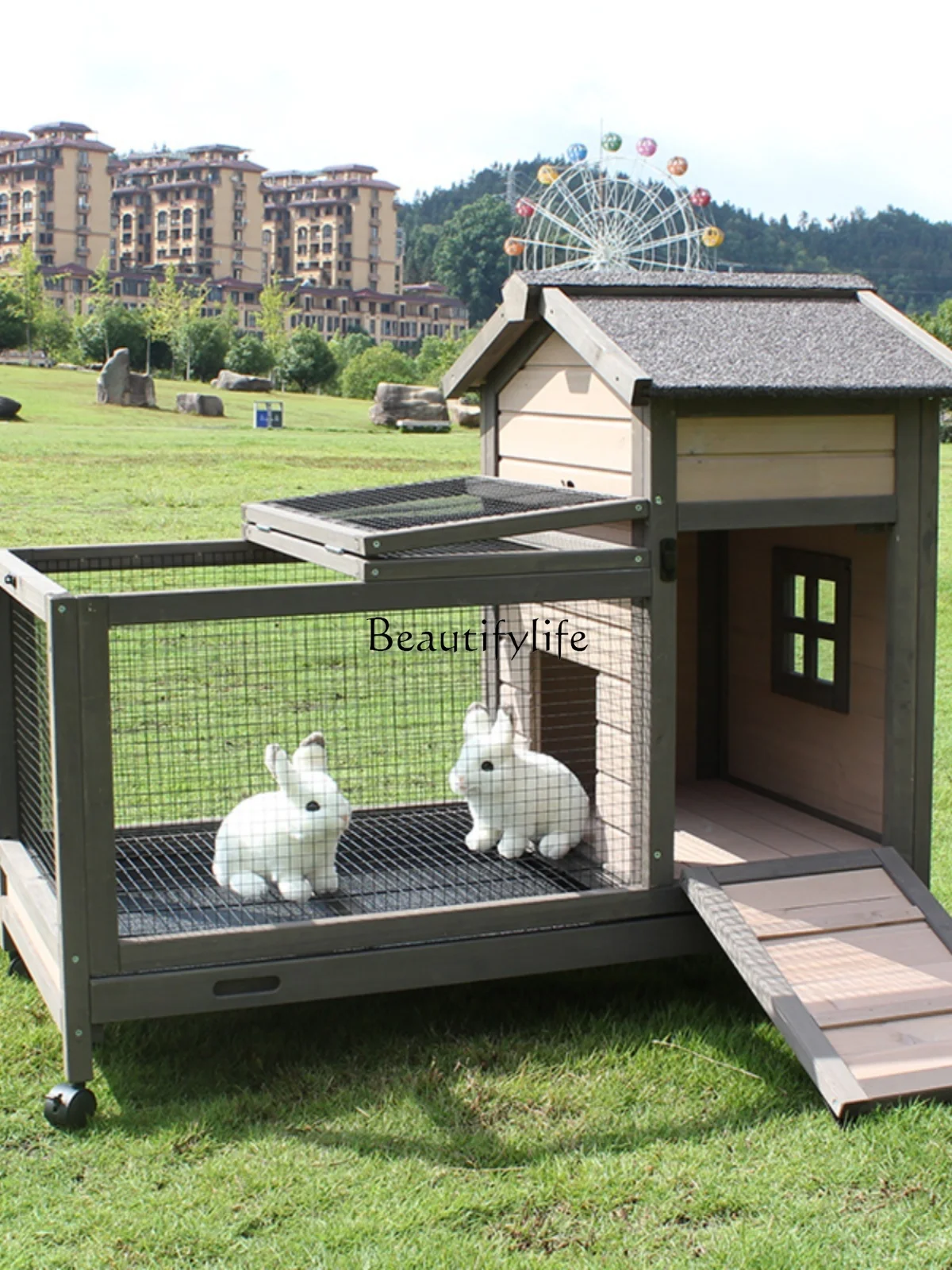 Outdoor Large Rabbit Cage Anti-Spray Urine Luxury Drawer Rabbit Nest Solid Wood Large Space Outdoor Baby Nest