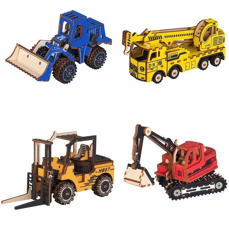 Hand-assembled forklifts, forklifts, cranes, excavators, wooden engineering vehicles, educational three-dimensional puzzle model