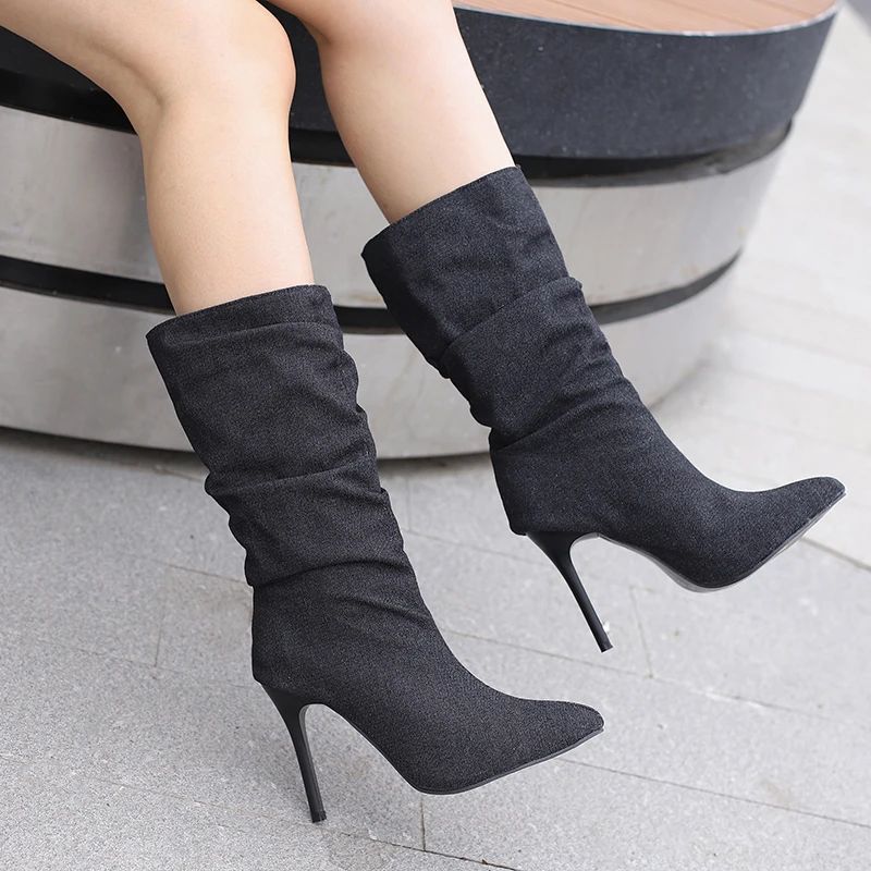 Women Denim Cowboy Boots High Heels Winter Warm Shoes Extra Big Size 45 46 47 48 Mid Calf Boots Stiletto