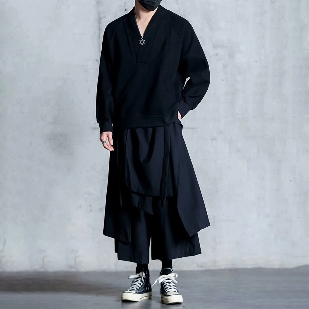 Mens Y2k Culottes Double Layer Samurai Pants Hakama Spring Streetwear Fashion Trend Gothic Casual Pants Men\'S Clothing 2025 New