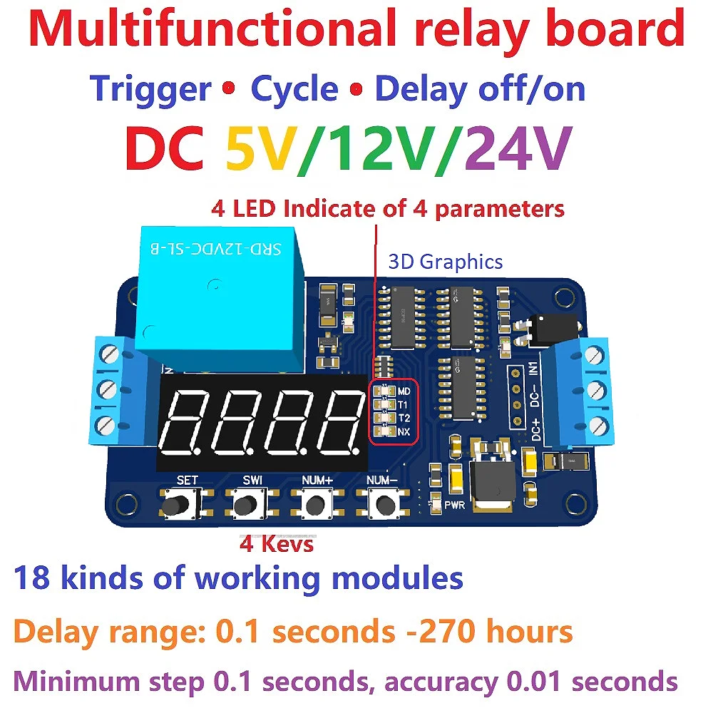 Smart Home Adjustable Timer Relay Module DC 5V 24V Delay Switch for Aquarium Motor Refrigerator Automation