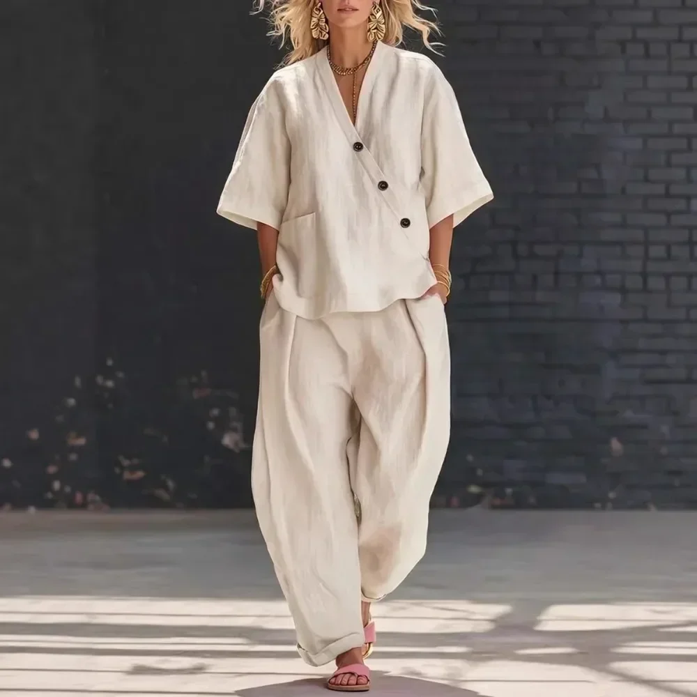 Women Fashion Casual Solid Color V Neck Short Sleeve Cardigan Top And Long Pants 2 Piece Set Loose Fit Soft Breathable