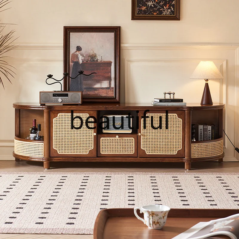 

Wabi Sandy Wind Rattan Solid Wood TV Cabinet Household Living Room Wall Cabinet Homestay Creative Small Apartment Locker
