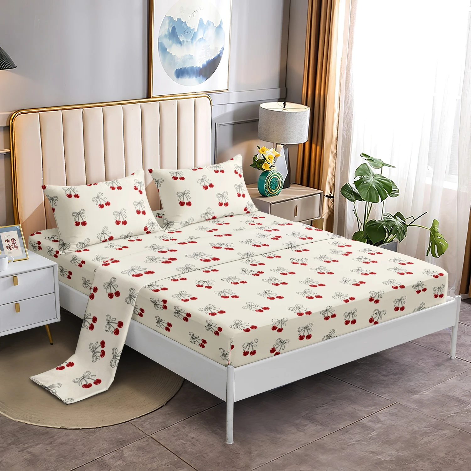 4Pcs Coquette Cherry Bow Fitted Sheet Bedding Set, Cream White Cute Red Cherry & Bow Print Flat Sheet Fitted Sheet
