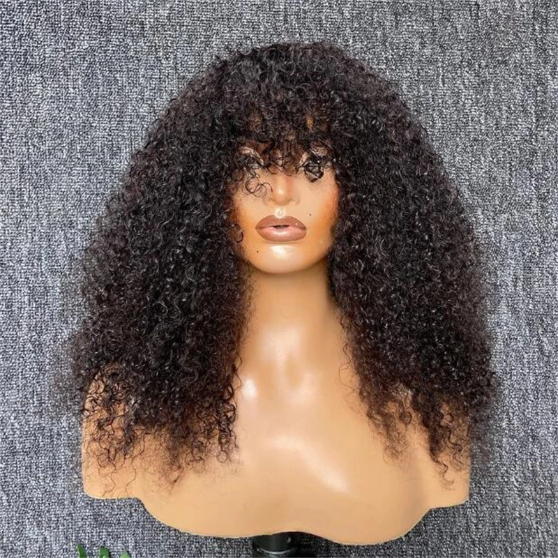 

Soft Natural Black 26 Inch Kinky Curly Machine Wig With Bangs For Women High Temperature Fiber Cosplay Glueless Daily Use Wig