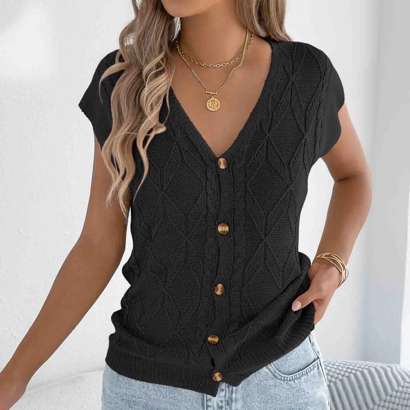 Solid Color V-Neck Knit Top for Women Button Front Regular Fit Medium Stretch Casual Top for Spring Summer Autumn Winter