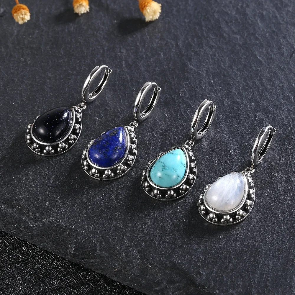 Boucles d'oreilles en argent regardé S925 pour femme, pierre de lune naturelle, pierre précieuse, bijoux vintage Lapis Lazuli, cadeau de fiançailles pour les travailleurs