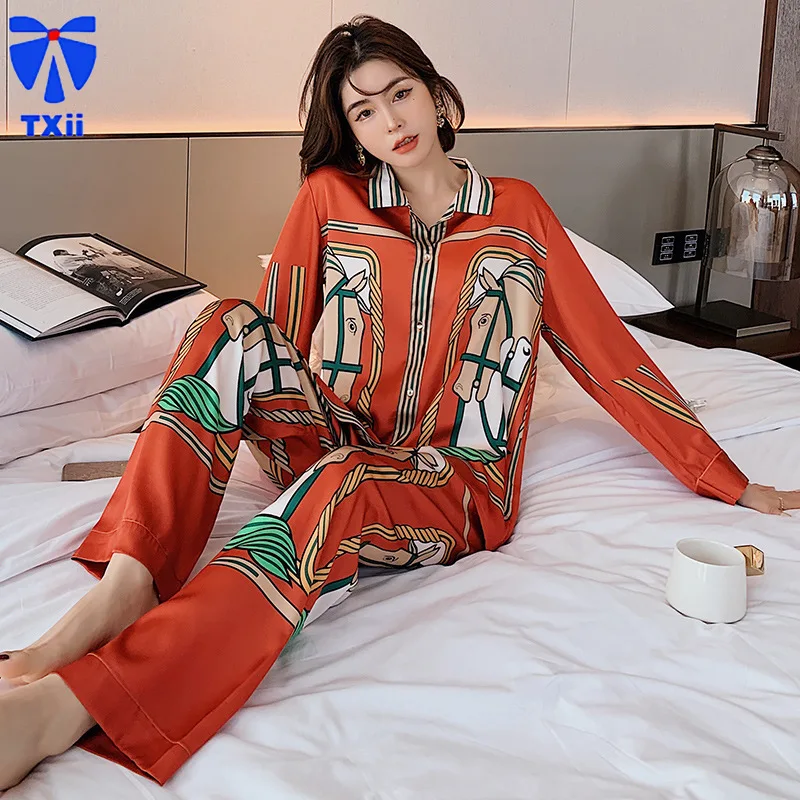 

Ins Style Pajamas Women's Big Brand Long Sleeve Ice Silk Printed Pajamas suit Korean Style Internet Trendy Home Clothes