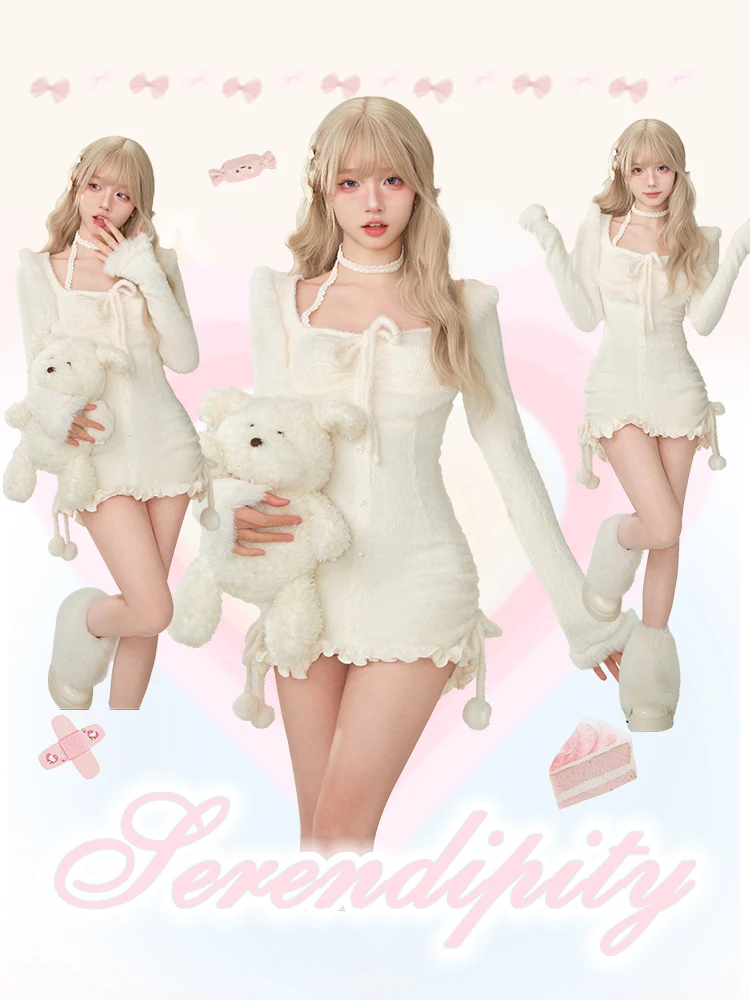 RORORIRI Lolita White Plush Knit Mini Dress Women Winter Pom Pom Drawstring Bowknot Backless Bodycon Frill Trim Desire One-piece