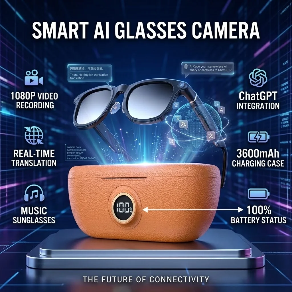 2026 NEW Smart AI Glasses Camera 1080P Video Recording ChatGPT 3600mAh Charging Case Real-time Translation Music Sunglasses
